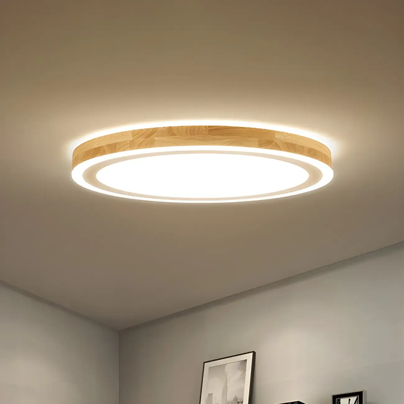 Contemporary Natural Wood LED Flush Ceiling Light Image - 6