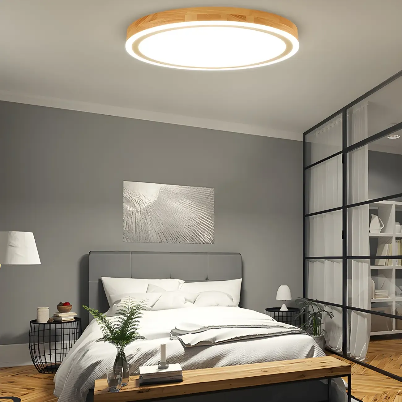 Contemporary Natural Wood LED Flush Ceiling Light Image - 4