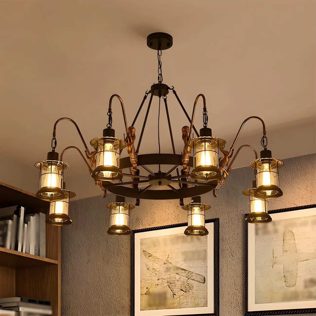 Black Metal Lantern Wheel Rustic Chandelier Light Image - 1 | homeyfad