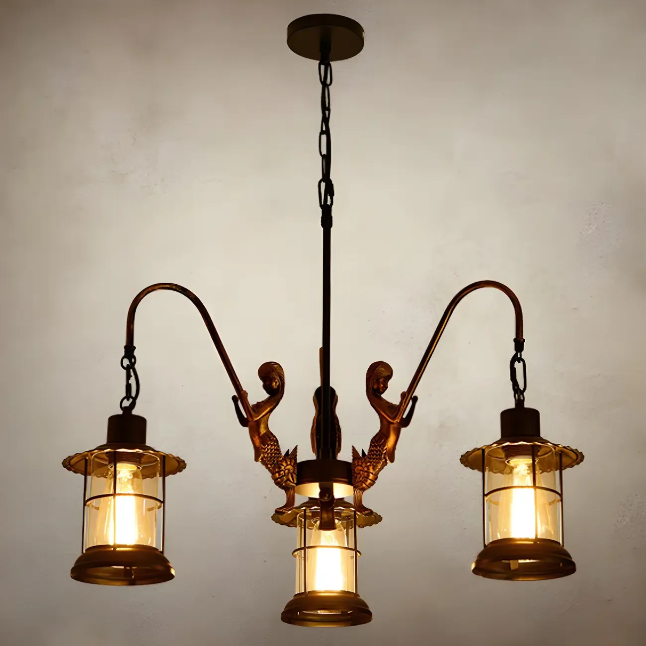 Black Metal Lantern Wheel Rustic Chandelier Light Image - 4