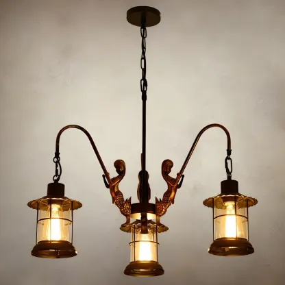 Black Metal Lantern Wheel Rustic Chandelier Light Image - 4