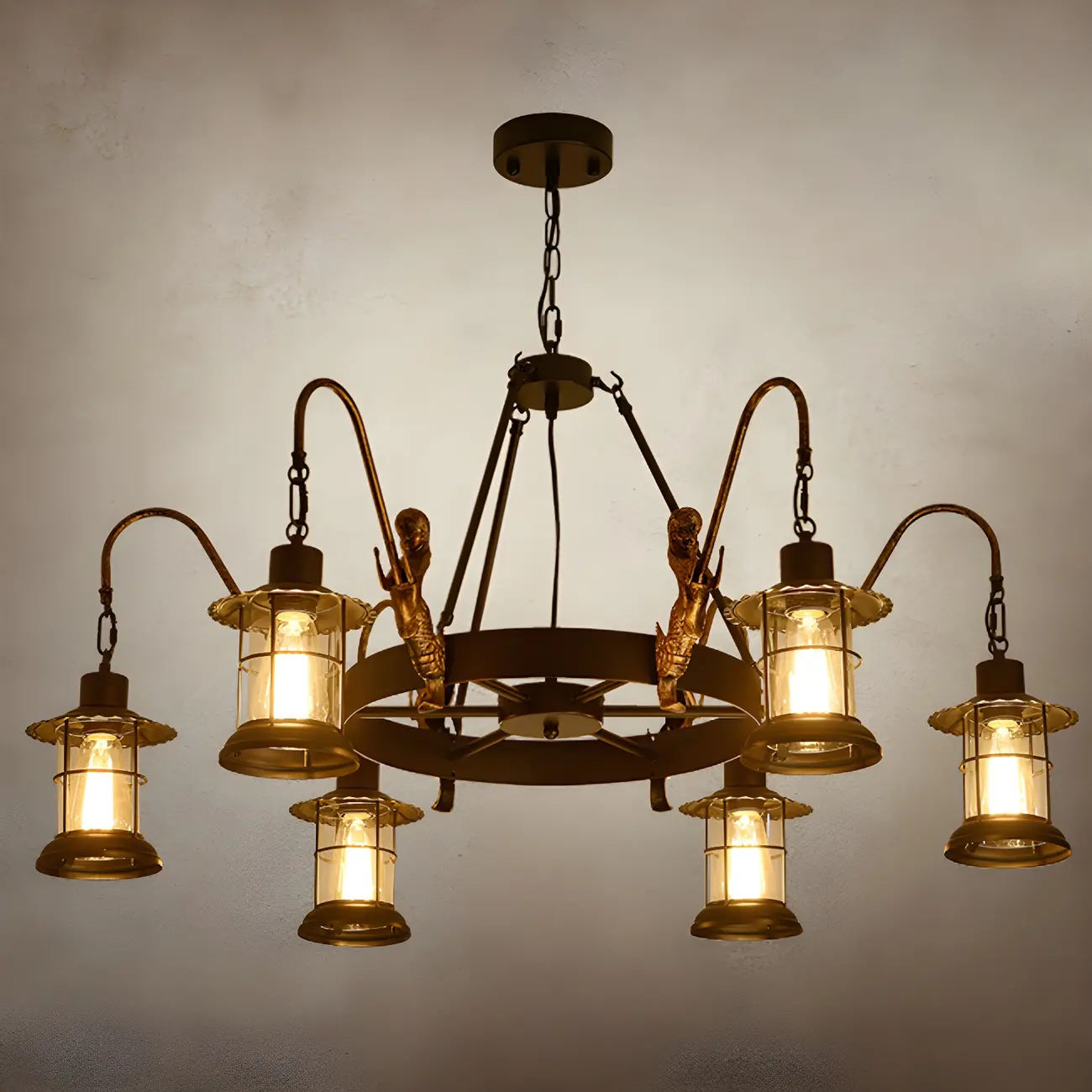 Black Metal Lantern Wheel Rustic Chandelier Light Image - 5 | homeyfad