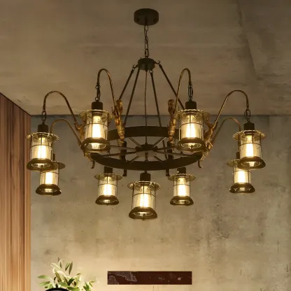 Black Metal Lantern Wheel Rustic Chandelier Light Image - 3