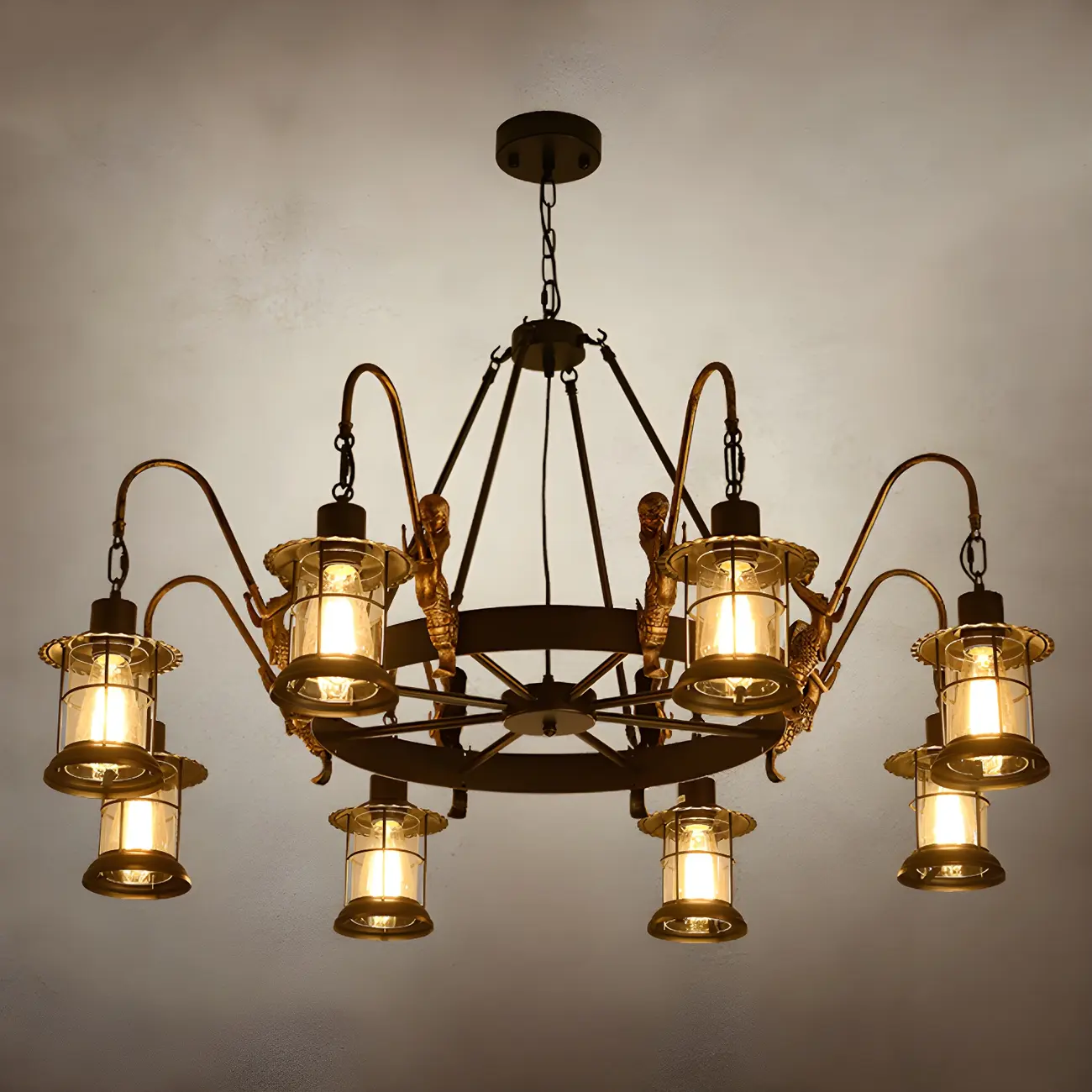 Black Metal Lantern Wheel Rustic Chandelier Light Image - 6 | homeyfad