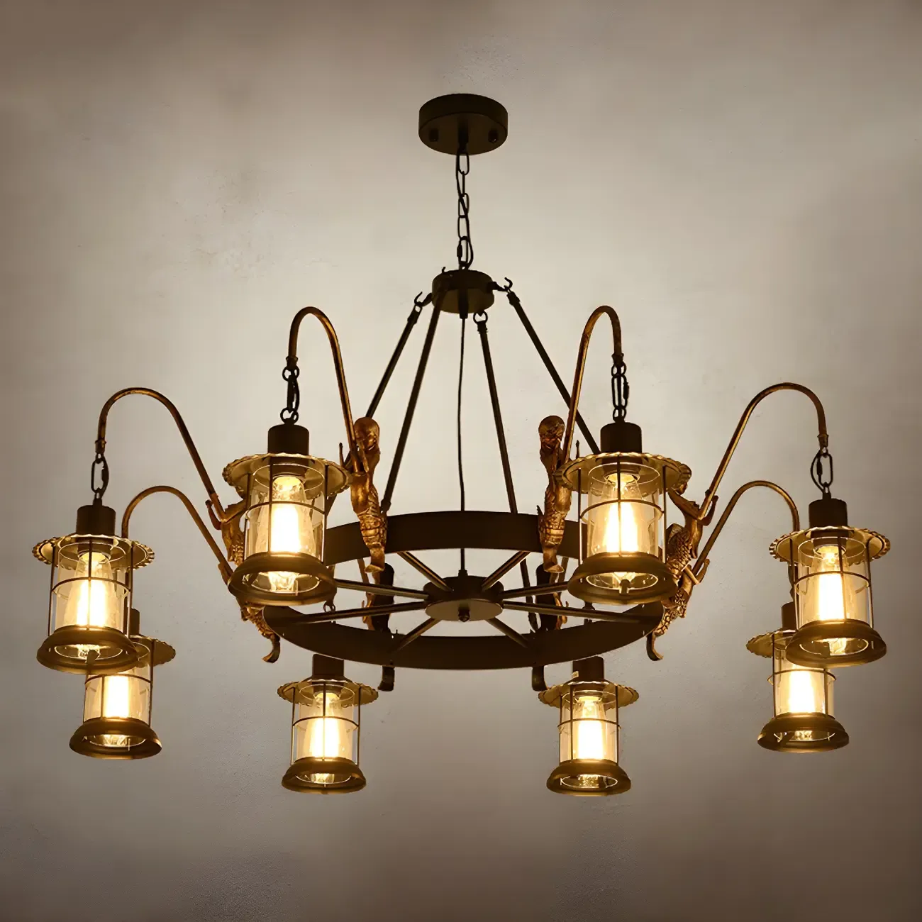 Black Metal Lantern Wheel Rustic Chandelier Light Image - 6