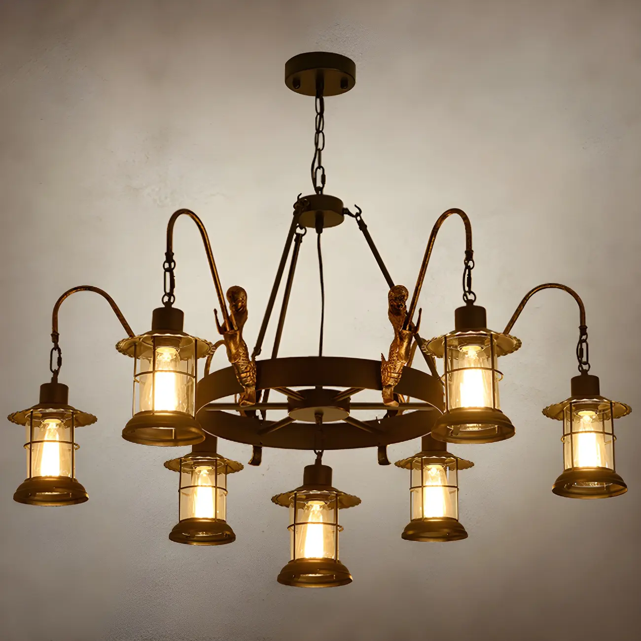 Black Metal Lantern Wheel Rustic Chandelier Light Image - 7 | homeyfad