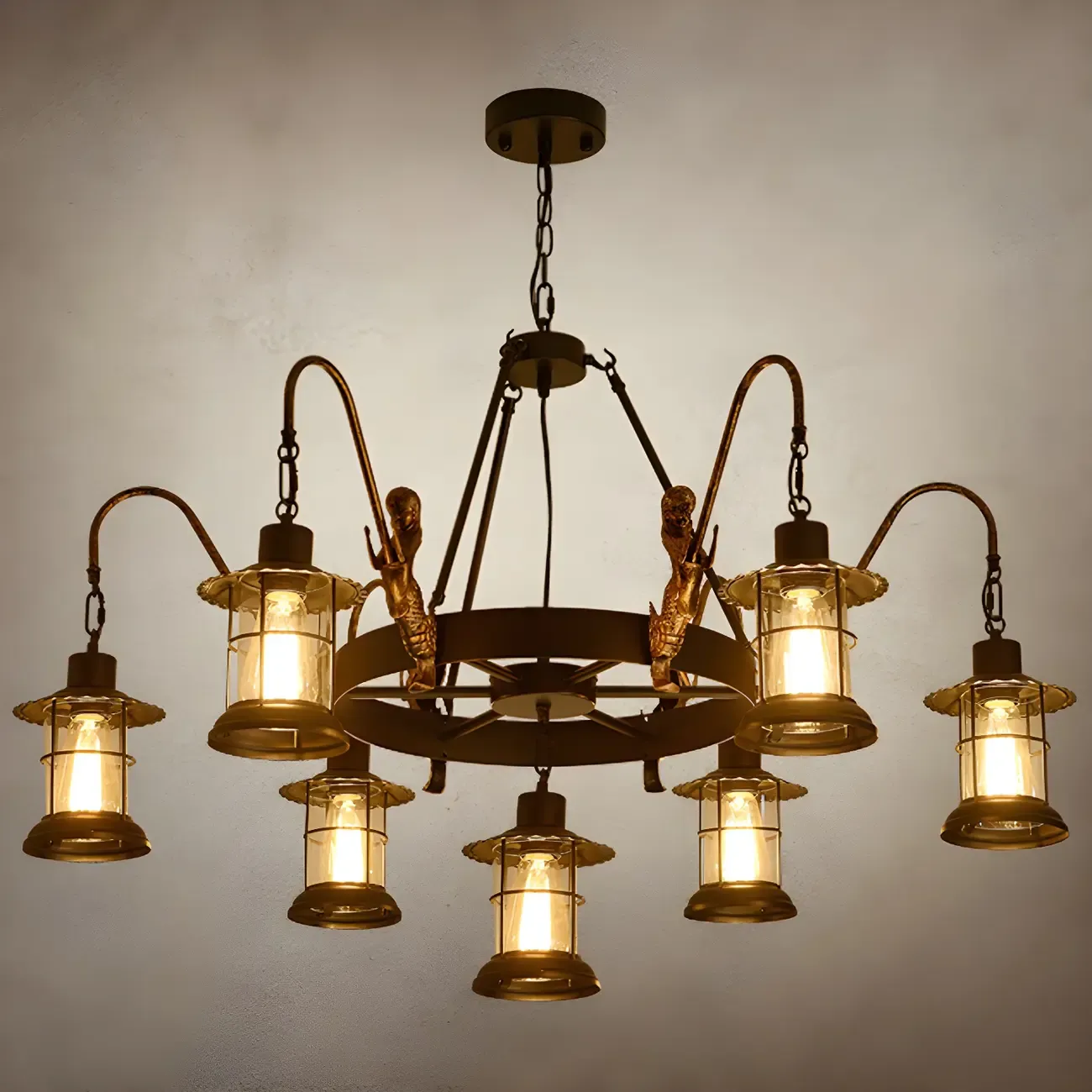 Black Metal Lantern Wheel Rustic Chandelier Light Image - 7