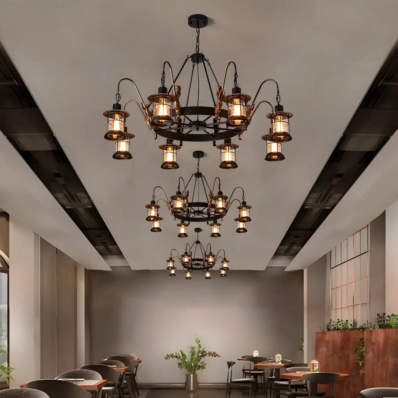 Black Metal Lantern Wheel Rustic Chandelier Light Image - 8 | homeyfad