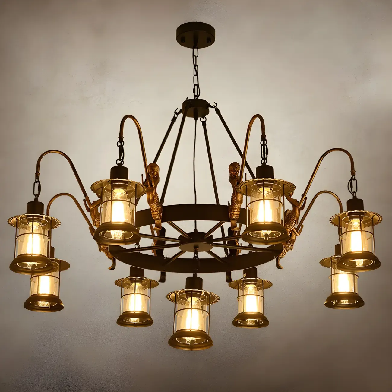 Black Metal Lantern Wheel Rustic Chandelier Light Image - 9