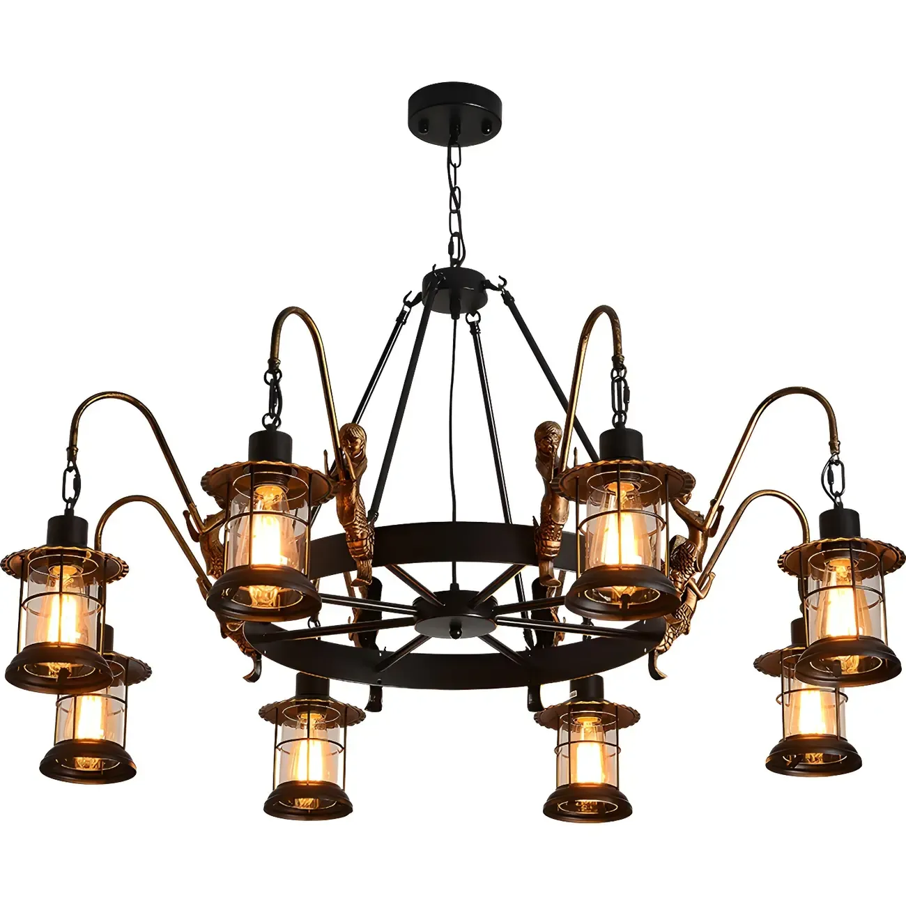 Black Metal Lantern Wheel Rustic Chandelier Light Image - 10