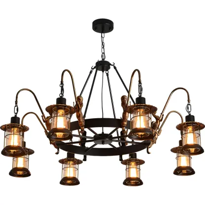 Black Metal Lantern Wheel Rustic Chandelier Light Image - 10