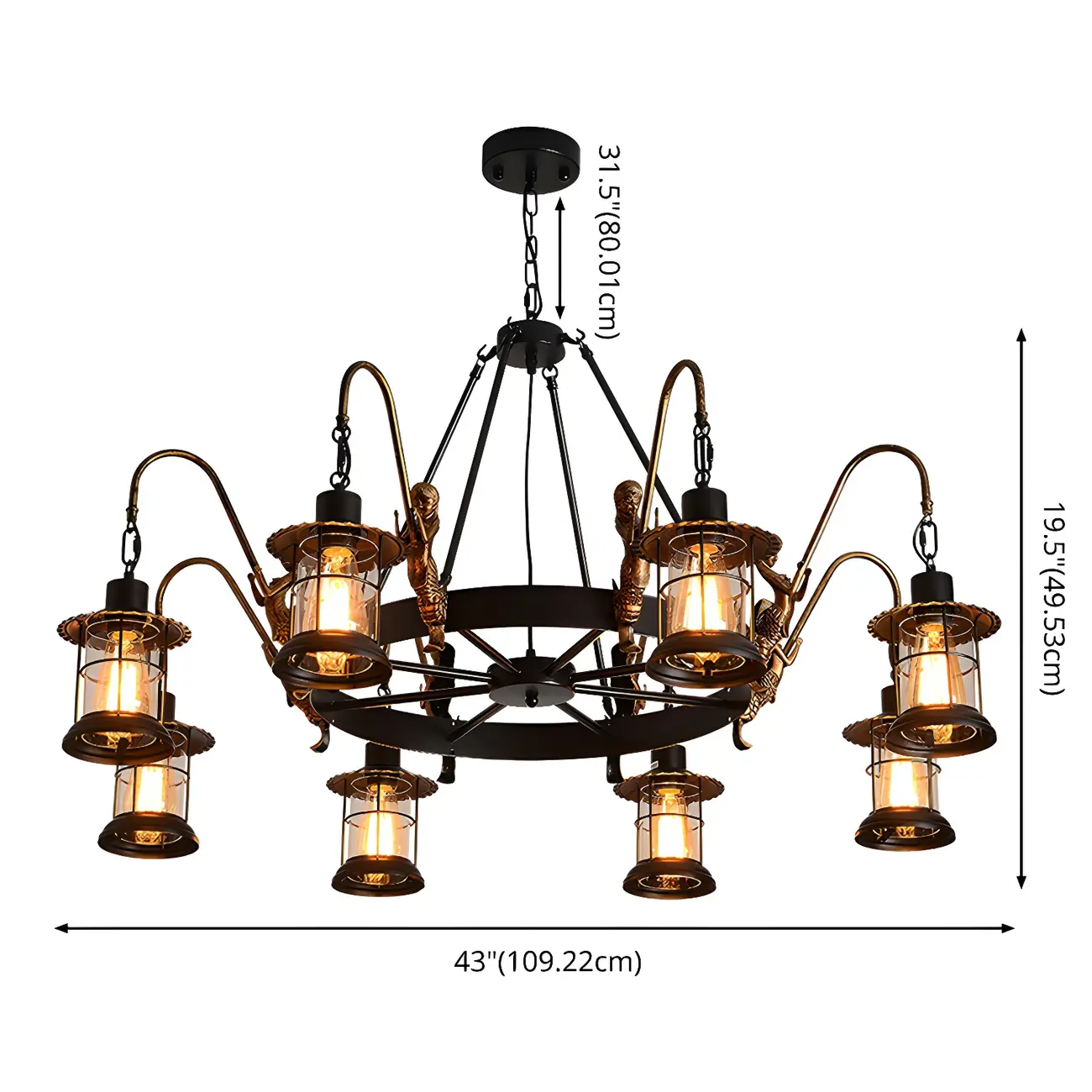 Black Metal Lantern Wheel Rustic Chandelier Light Image - 11 | homeyfad