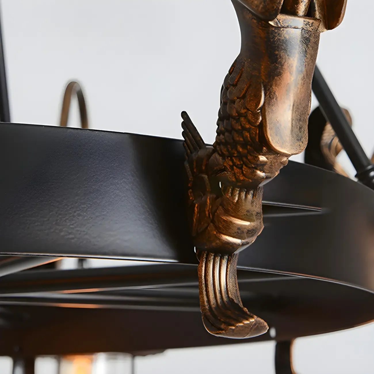 Black Metal Lantern Wheel Rustic Chandelier Light Image - 12