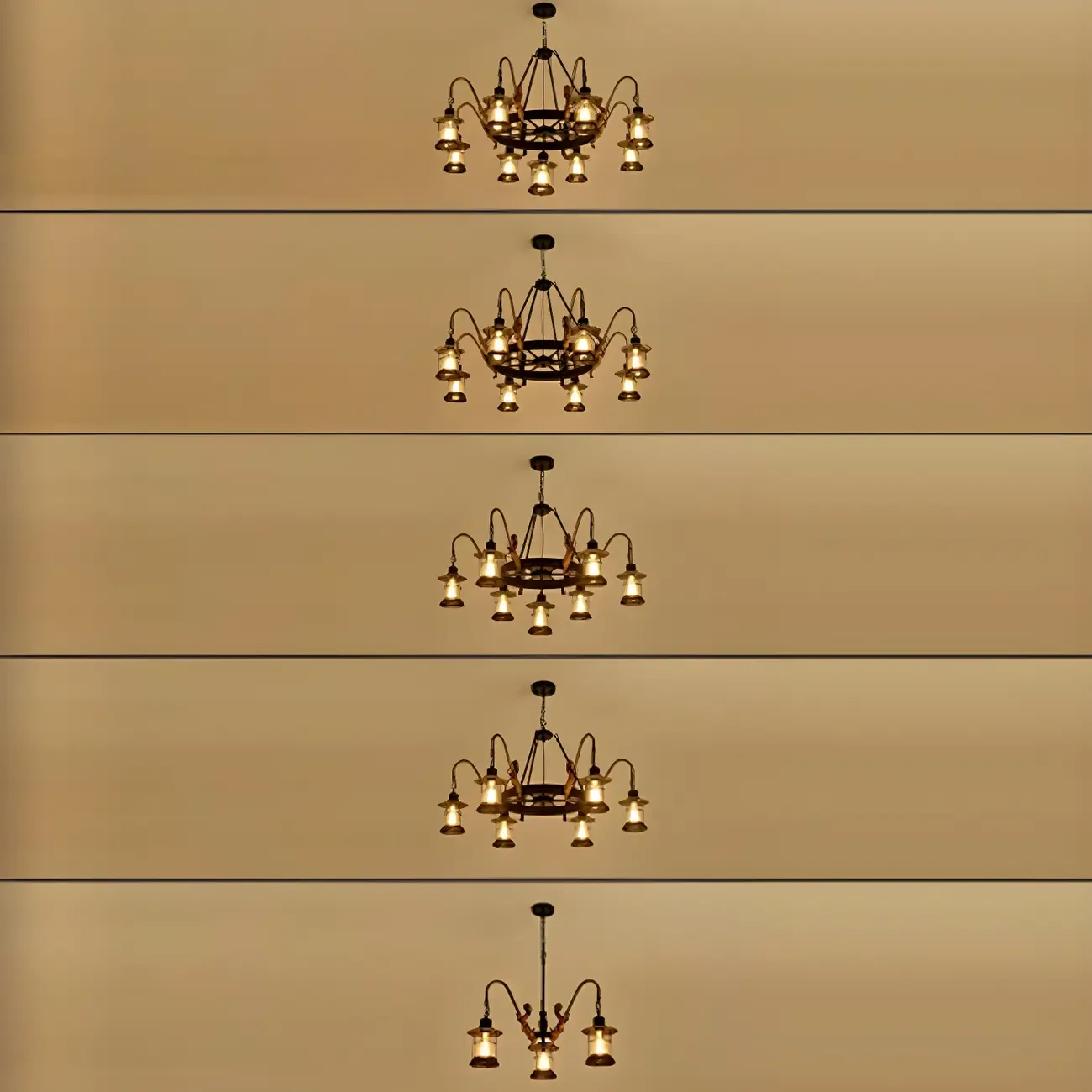 Black Metal Lantern Wheel Rustic Chandelier Light Image - 15