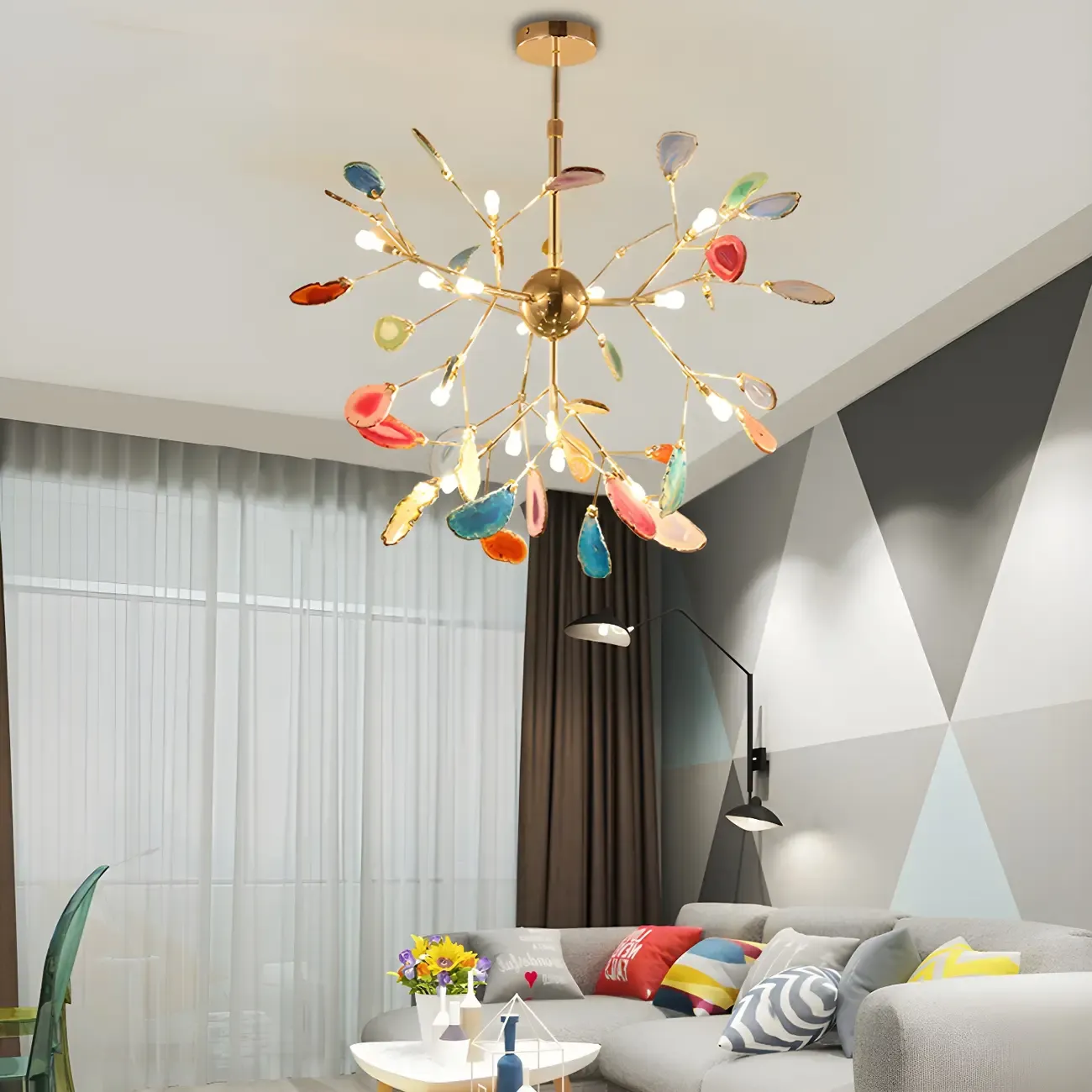 Wrought Iron Firefly Pendant Light in Modern Creative Style Sputnik Adjustable Chandelier with Agate Shade Image - 2