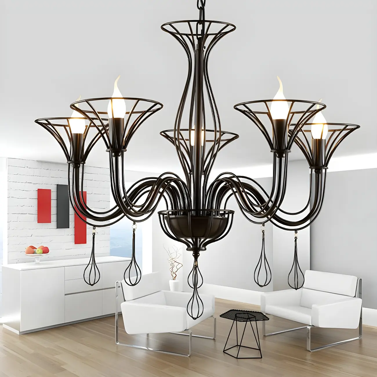 Black Metal Curved Design Modern Chandelier Fixture | homeyfad