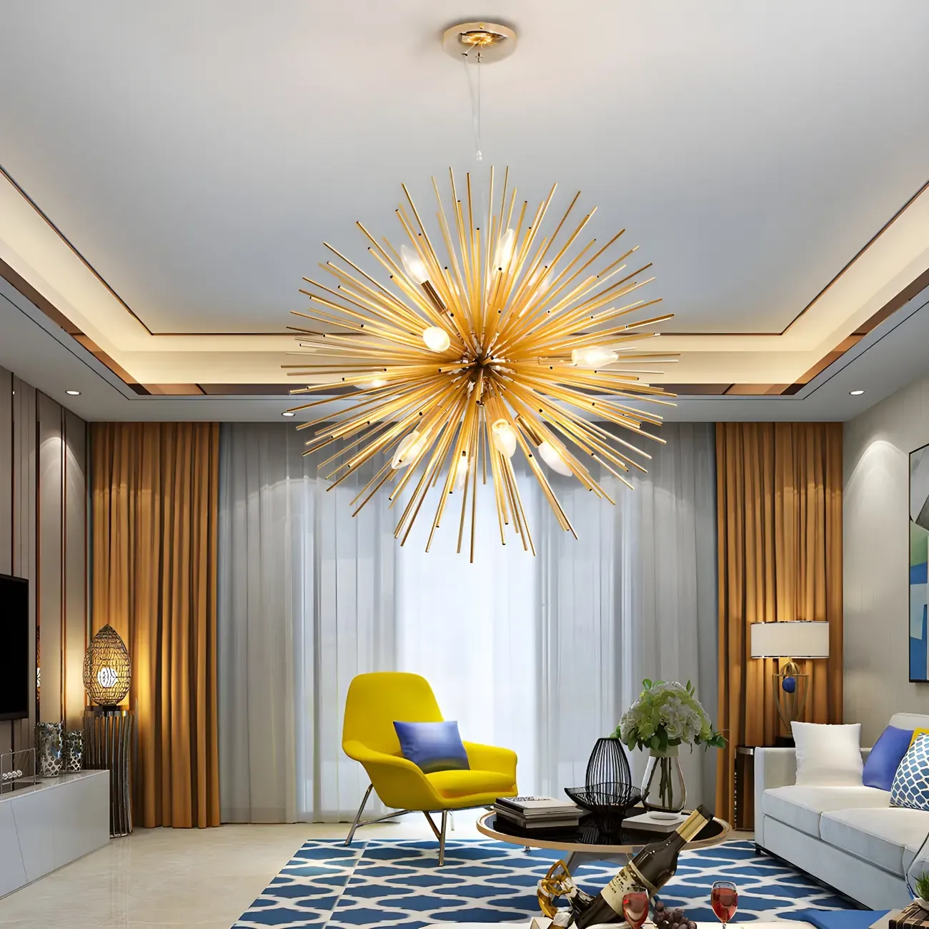 Gold Starburst Metal Modern Crystal Chandelier Light Image - 1