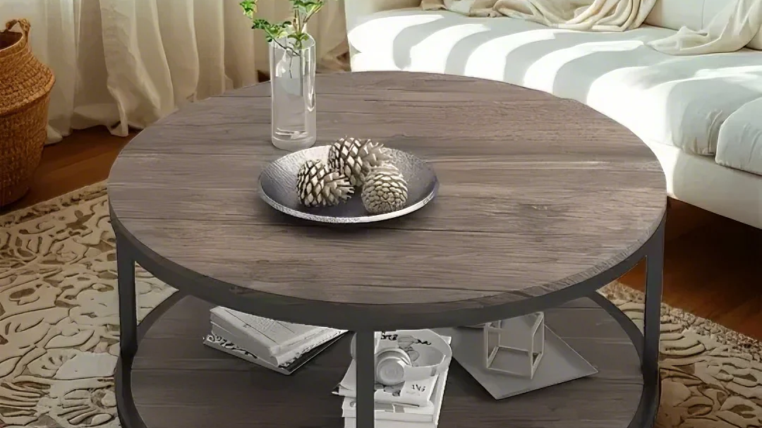 Modern Industrial Wood Round Coffee Table with Partial Assembly