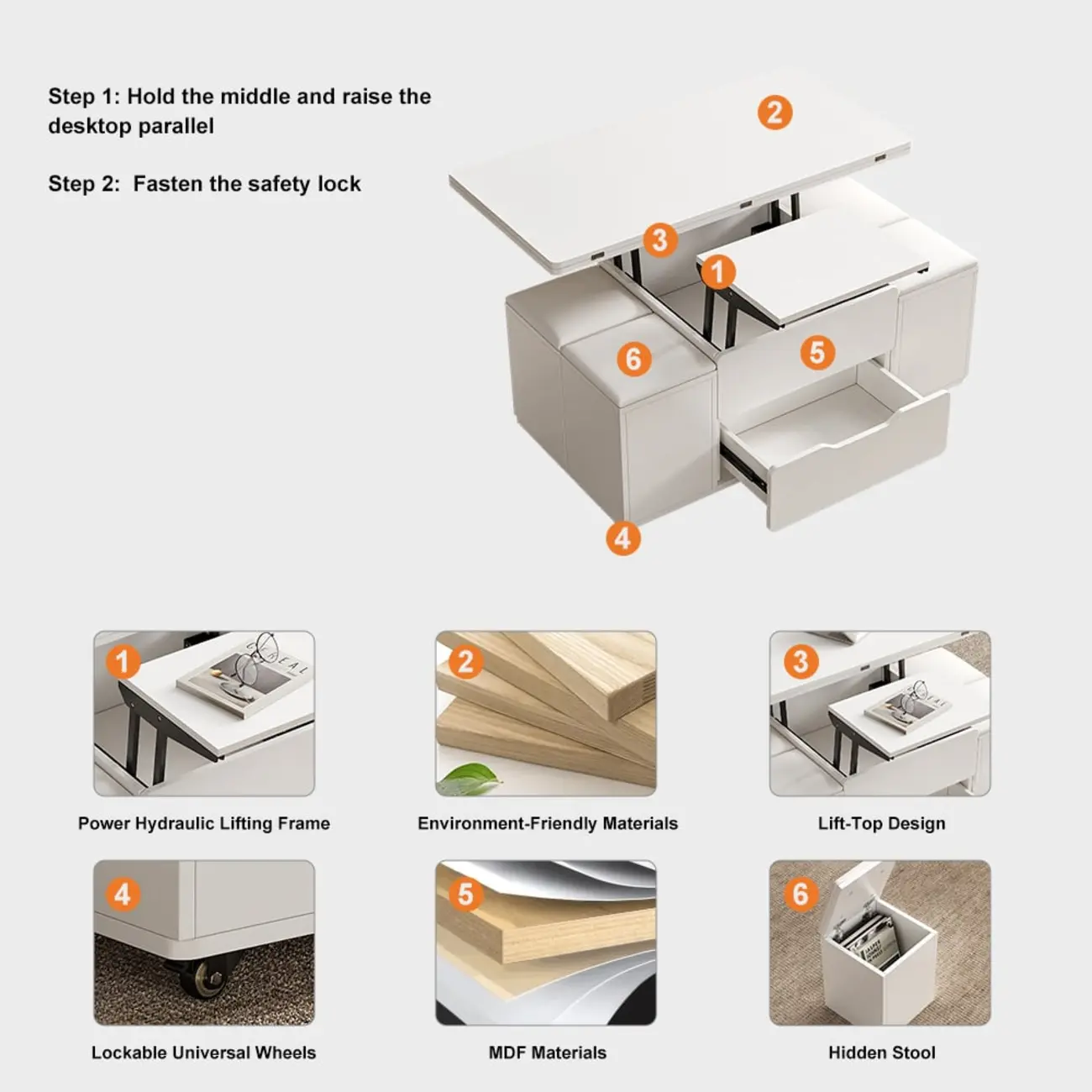 Foldable Lift-Top Coffee Table with 4 Stools & Storage Image - 19 | homeyfad