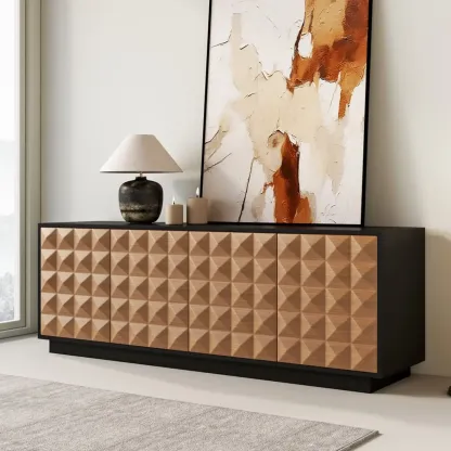 Black & Natural Wooden Fluted Doors TV Stand for 75 Inch TV Image - 1