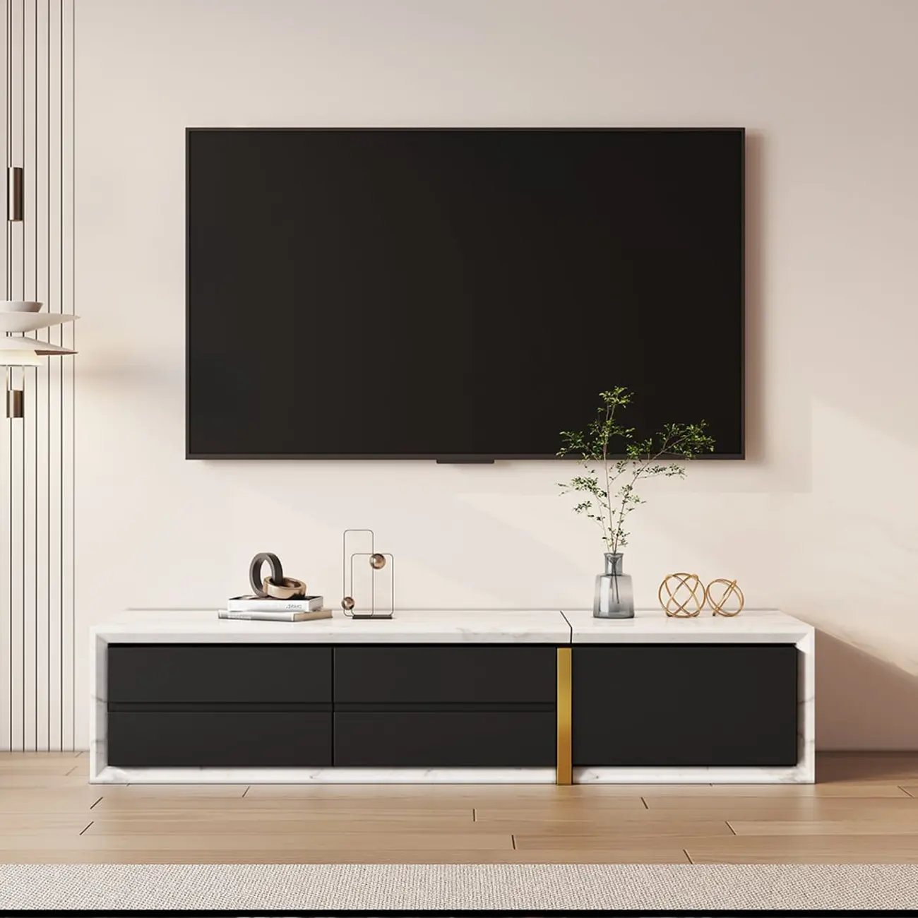 Extendable Modern White & Black 2 Drawers Wooden TV Stand Image - 5 | homeyfad