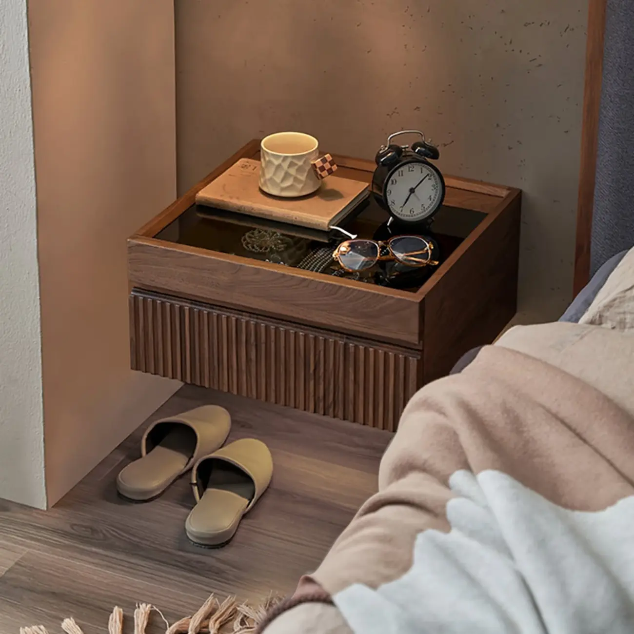 Modern Glass Top Walnut Floating Nightstand with Drawers Image - 3 | homeyfad