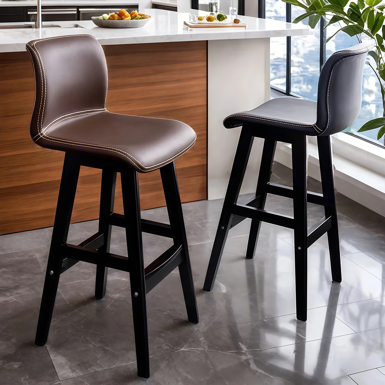 Square Low Back Leather Bar Stools with Footrest