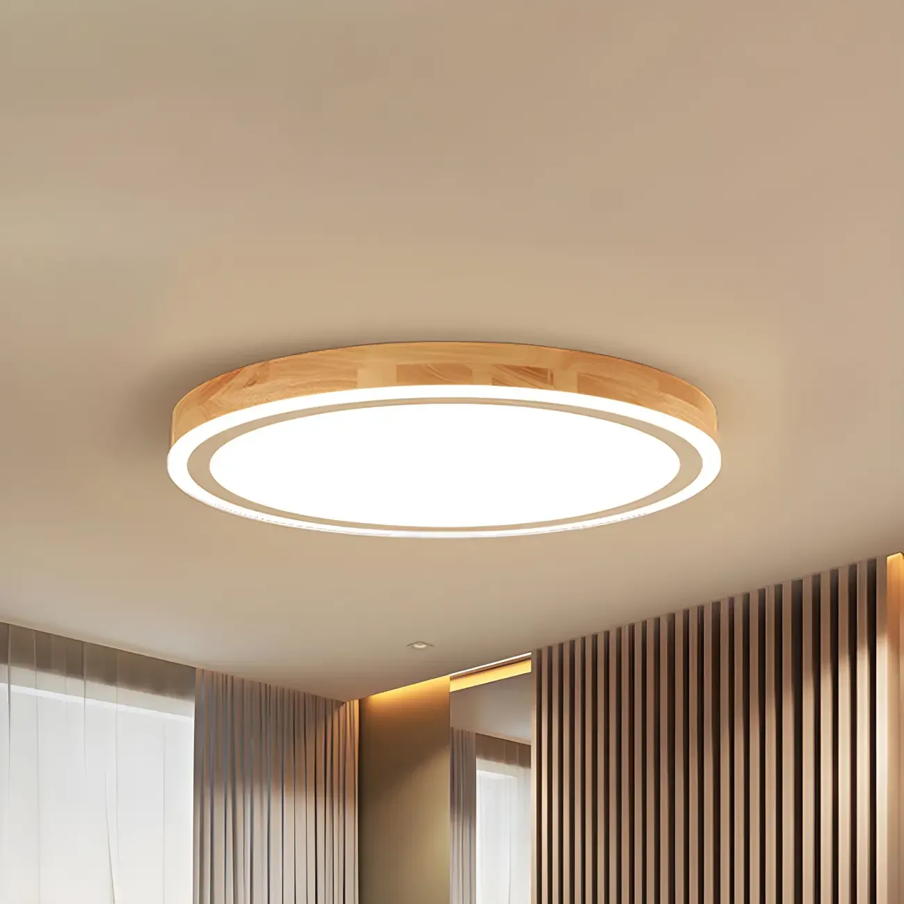 Contemporary Natural Wood LED Flush Ceiling Light Image - 3