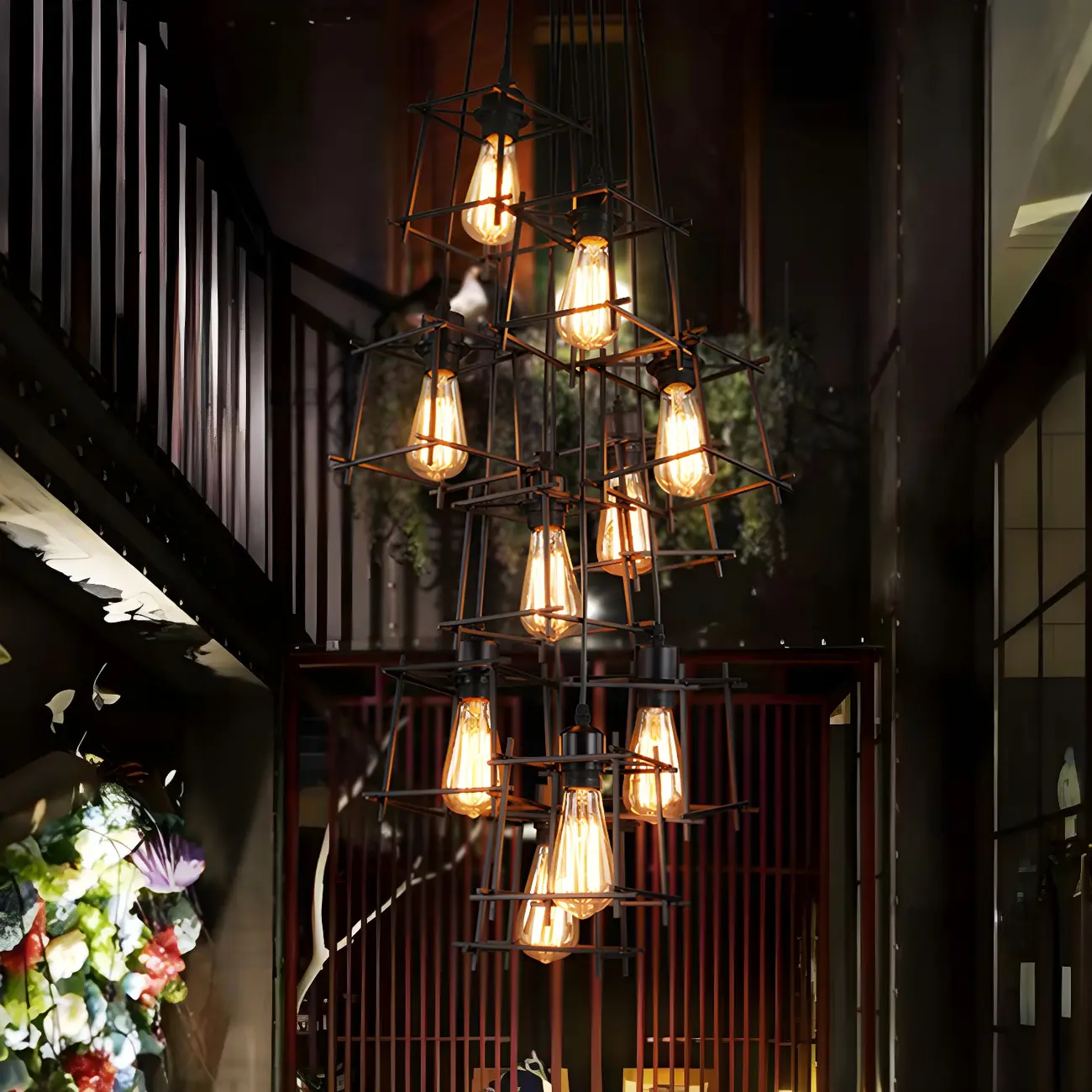 Large 10-Light Black Caged Industrial Pendant Chandelier | homeyfad