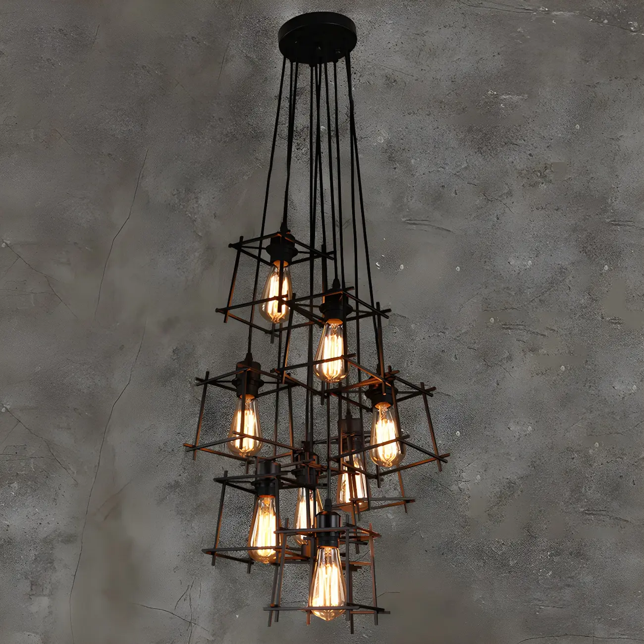Large 10-Light Black Caged Industrial Pendant Chandelier | homeyfad