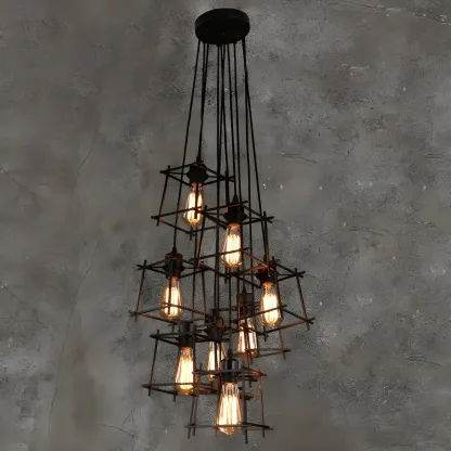 Large 10-Light Black Caged Industrial Pendant Chandelier
