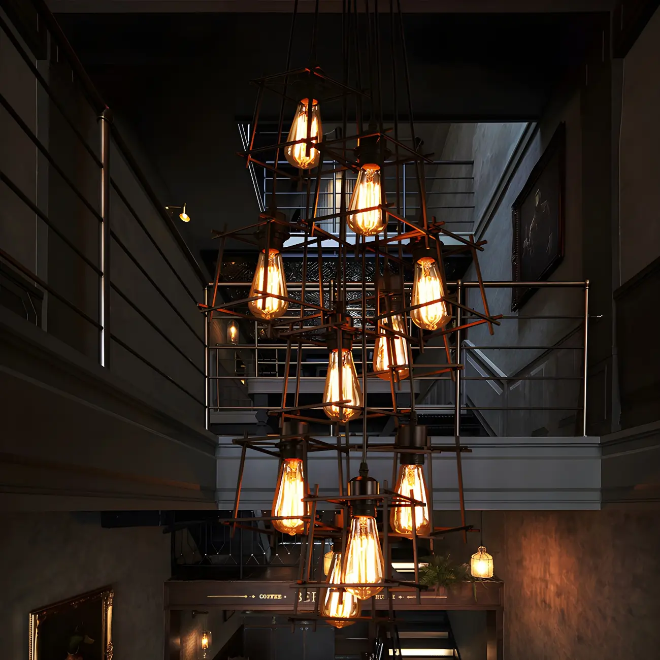 Large 10-Light Black Caged Industrial Pendant Chandelier | homeyfad