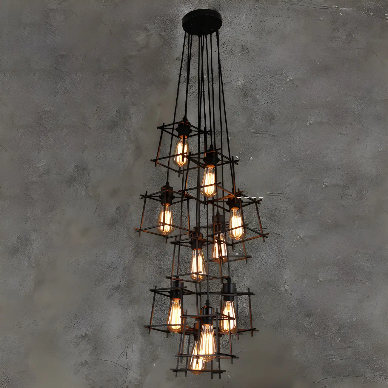 Large 10-Light Black Caged Industrial Pendant Chandelier | homeyfad