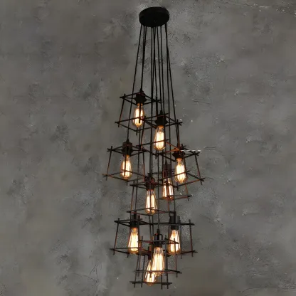 Large 10-Light Black Caged Industrial Pendant Chandelier