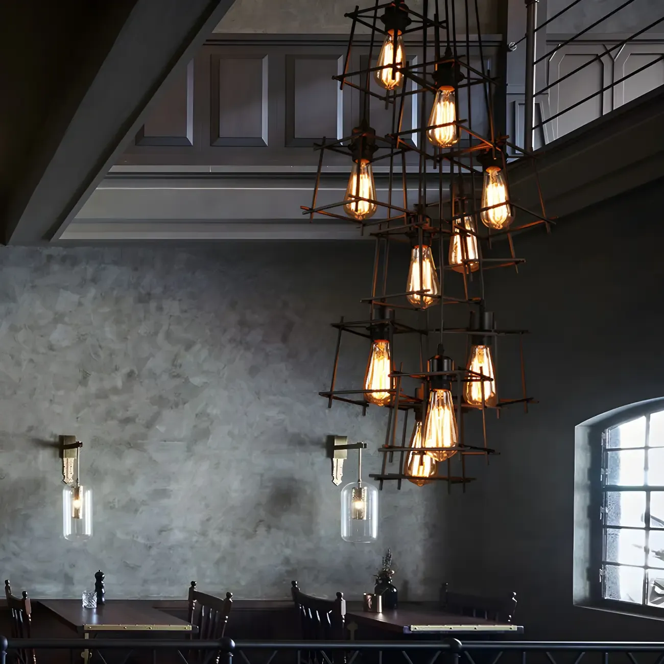 Large 10-Light Black Caged Industrial Pendant Chandelier