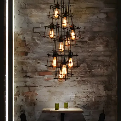 Large 10-Light Black Caged Industrial Pendant Chandelier