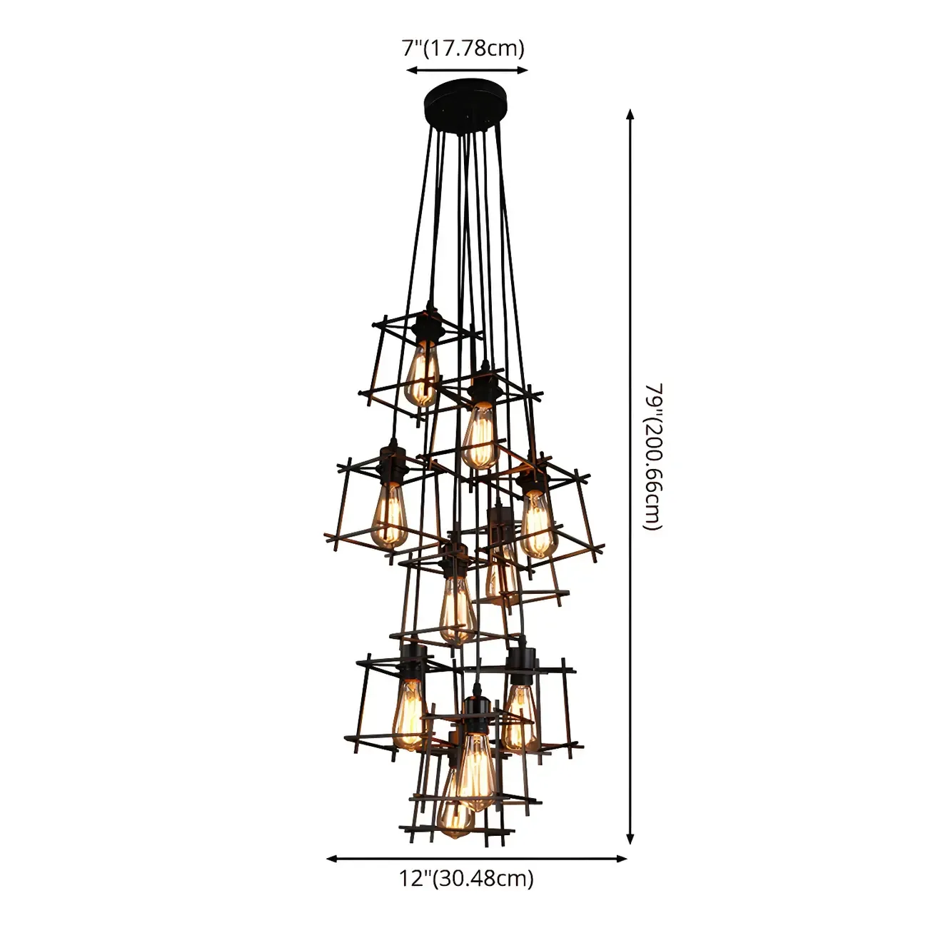 Large 10-Light Black Caged Industrial Pendant Chandelier