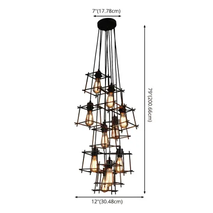 Large 10-Light Black Caged Industrial Pendant Chandelier