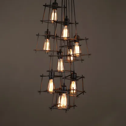 Large 10-Light Black Caged Industrial Pendant Chandelier