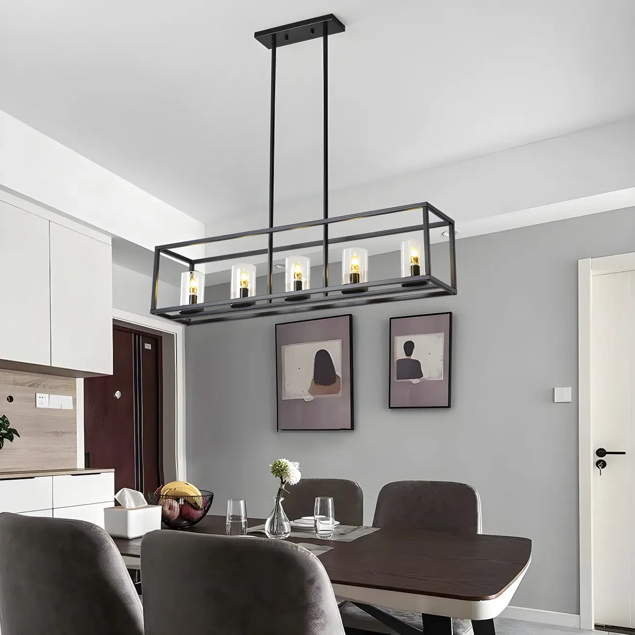 5-Light Industrial Black Glass Island Chandelier for Kitchen Image - 1