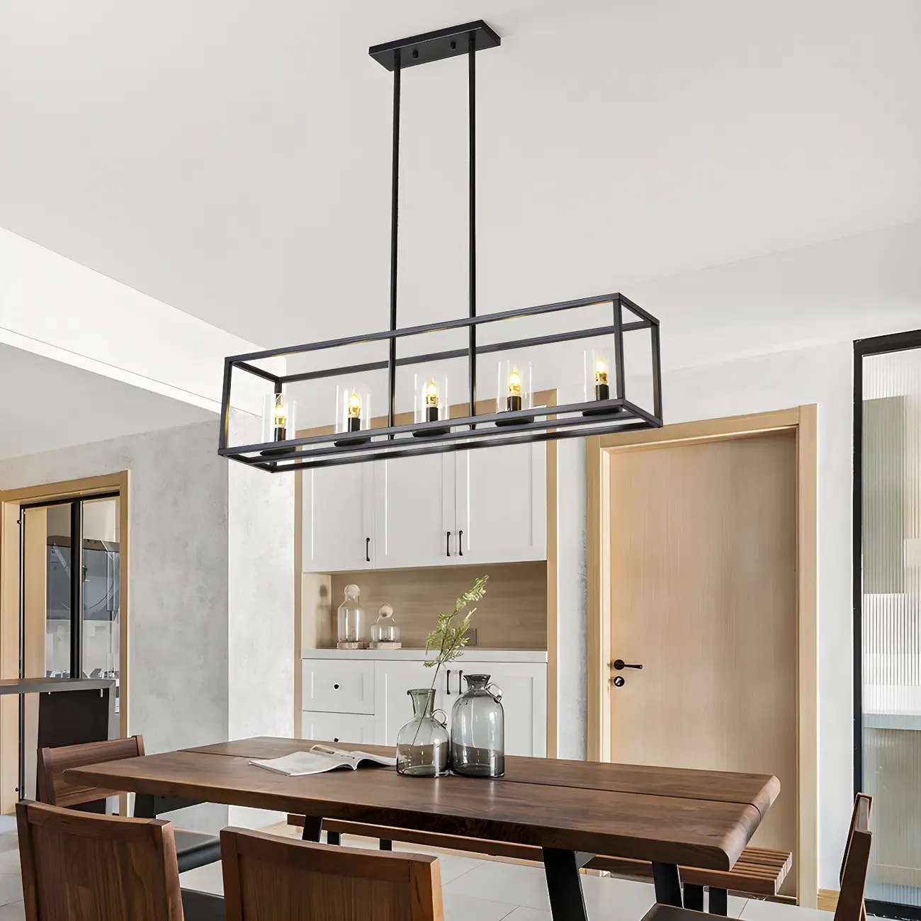 5-Light Industrial Black Glass Island Chandelier for Kitchen Image - 2