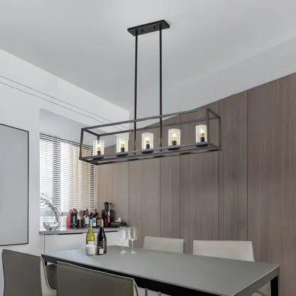 5-Light Industrial Black Glass Island Chandelier for Kitchen Image - 3