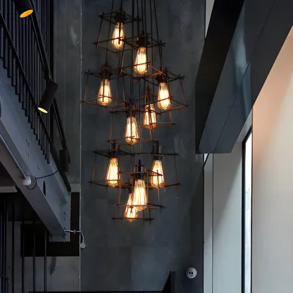 Large 10-Light Black Caged Industrial Pendant Chandelier