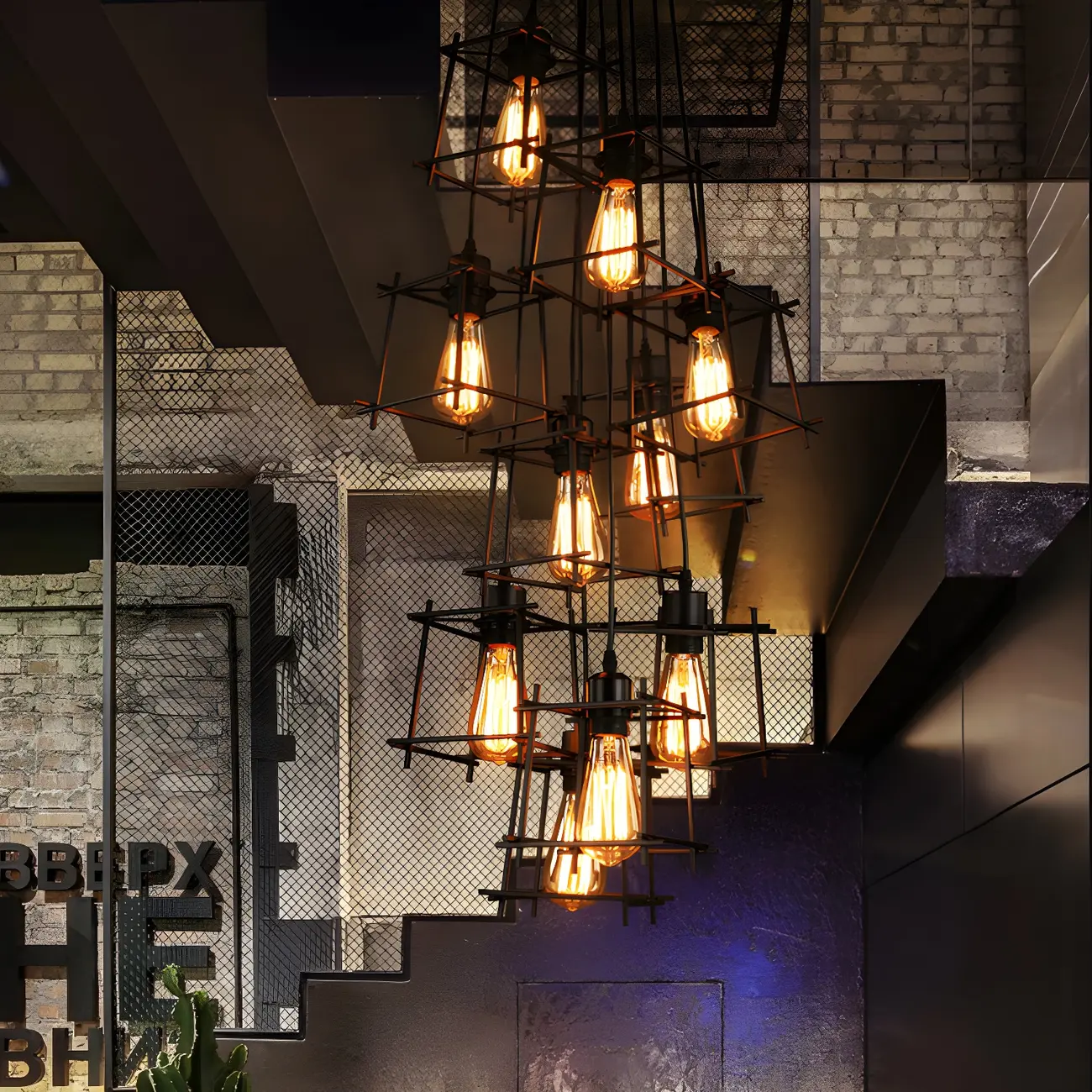 Large 10-Light Black Caged Industrial Pendant Chandelier | homeyfad