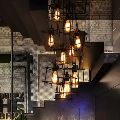 Large 10-Light Black Caged Industrial Pendant Chandelier