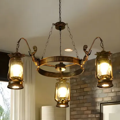 Bronze Circular Metal Antique Lantern Chandelier Image - 2