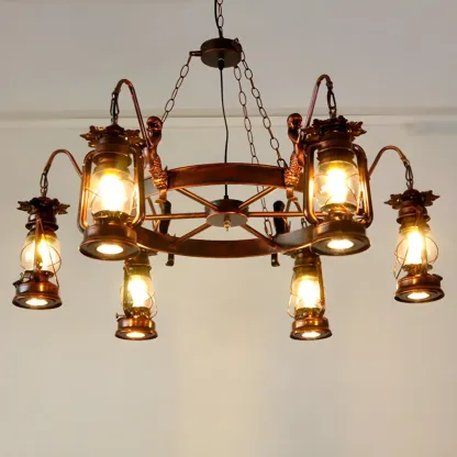 Bronze Circular Metal Antique Lantern Chandelier Image - 7