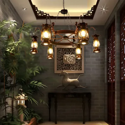 Bronze Circular Metal Antique Lantern Chandelier Image - 3