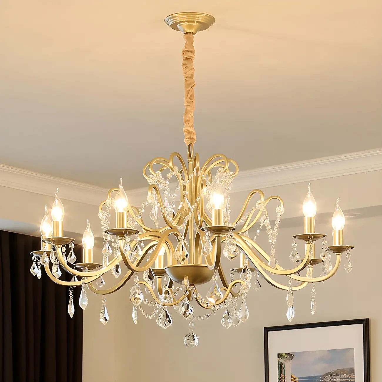 Traditional Curved Gold Metal Crystal Bead Chandeliers Image - 5