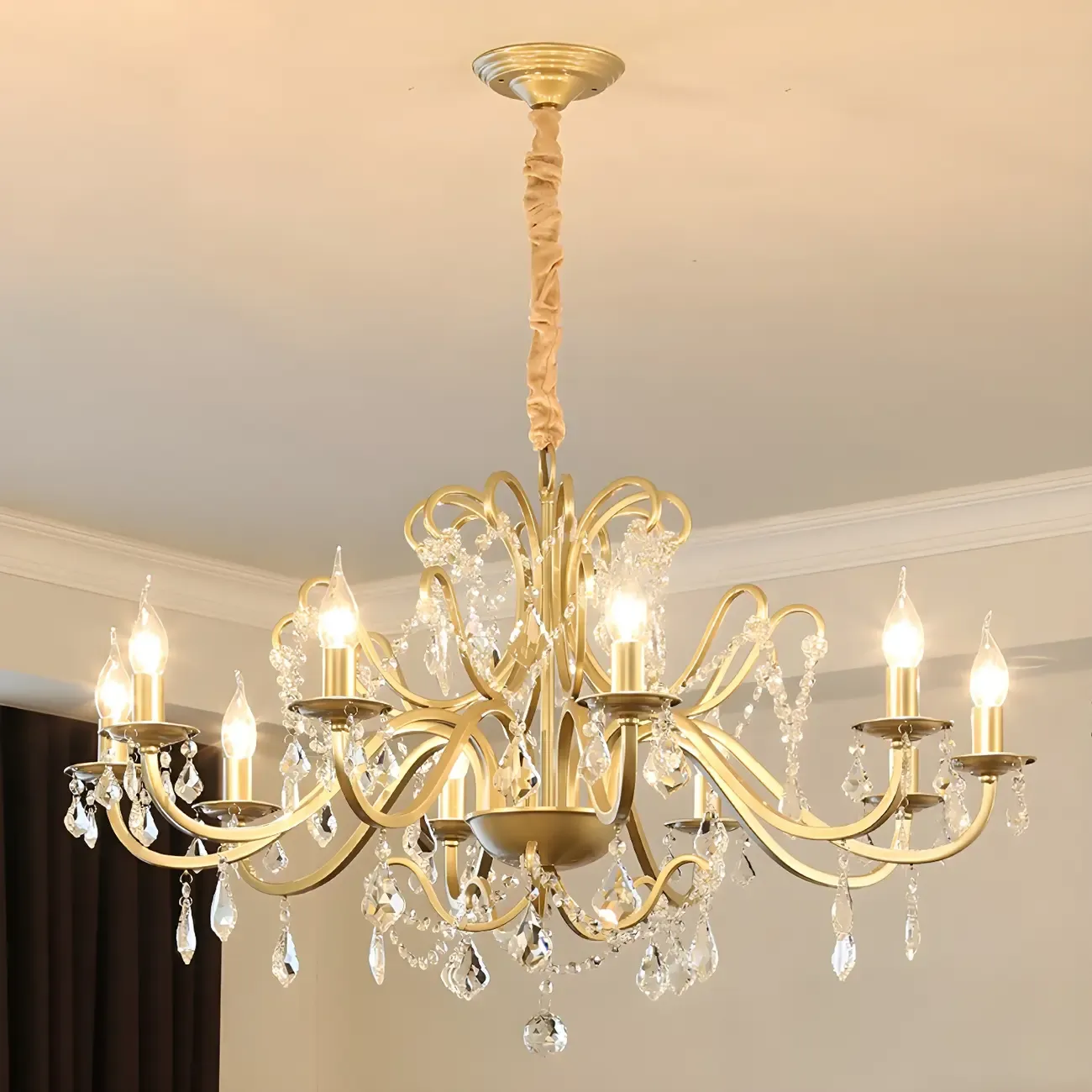 Traditional Curved Gold Metal Crystal Bead Chandeliers Image - 6